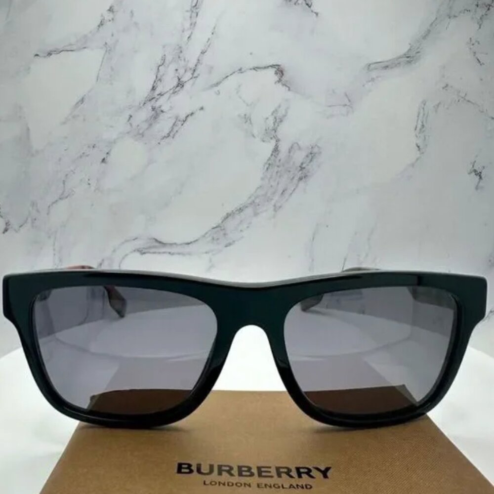Burberry Sunglasses Black Polarized Square White Logo Solid Checkere - Picture 3 of 9
